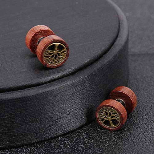 Natural Wood Stainless Steel Stud Earrings Set Tree Of Life/Lion Round Screwed Punk Earrings For Women (5 Pairs) #TOP4
