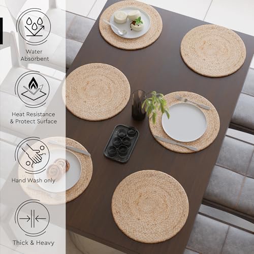 Image of Encasa XO Dining Table Mats Set of 6 | Jute Round Placemat - 32 cm Diameter | Jute Natural Bleach Color | Handmade Style Chargers for Dinner Plates