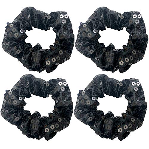 4 Pack Black Or Gold Tone Sequins Hair Scrunchies Satin Fabric Scrunchy Bobbles Elastic Hair Ties Bands Hair Accessories For Women Girls (Black) #TOP26