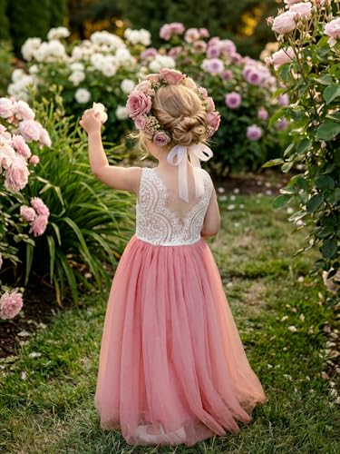 Image of 2Bunnies Girl Peony Lace Back A-Line Straight Tutu Tulle Party Flower Girl Dress