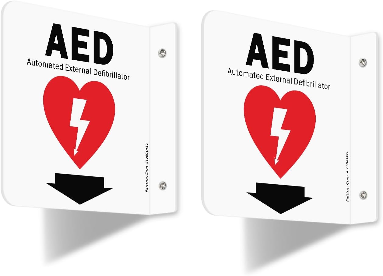 Faittoo AED Sign, AED Automated External Defibrillator with Down Arrow Sign, 6x6 Inches 90D Projection - Acrylic, 2 Pre-Drilled Holes, Includes Matching Screws, Use for Home Office/Business, 2 Pack