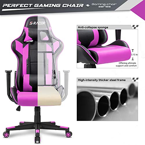 Furniwell Gaming Chair Racing Computer Chair PC Office Desk Chair Adjustable Swivel High Back Carbon Fiber Style PU Leather Executive Ergonomic Chair with Headrest and Lumbar Support (Violet) - Thumbnail 4