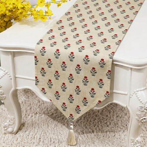 Image of COZY FURNISH Floral Printed Microfiber Cotton Table Runner for 6 Seater Dining Table & Runner with Tassels - 13x72 Inches Decorative Home Kitchen Table Linen
