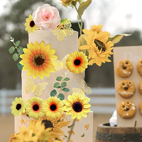 31 Pcs Sunflower Butterfly Cake Toppers Rose Flower Cake Decorations With Sago Cycas Leaves Eucalyptus Leaves And Golden Happy Birthday Topper For Birthday Wedding Baby Shower Sunflower Party Supplies #TOP3
