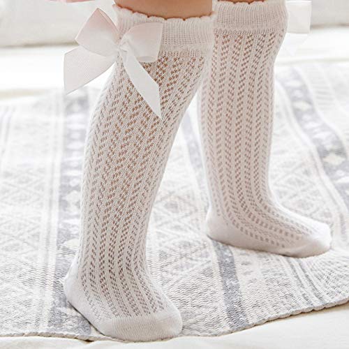 Actlati 3/5 Pairs Baby Girls Knee High Socks Toddlers Bow Cotton Mesh Anti-Skid Knitting Stockings Suitable For 0-3 Years #TOP5