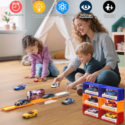 GoStock Auto Spielzeug Set, Spielzeugautos Metall mit Rennbahn und Garage, Kleine Autos für Kinder ab 3 Jahren, Geburtstagsgeschenk für Jungen und Mädchen