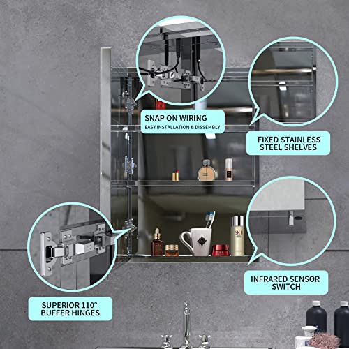 Zooting Medicine Cabinet With Lights, 20"X28" Led Mirrored Medincie Cabinet For Bathroom With Defogger, Sensor Light Switch, Surface Mount, Stainless Steel, Left Hinges #TOP6