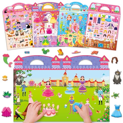 D-FantiX Lot de 4 livres d'autocollants réutilisables, jouets pour enfants de 2, 3, 4 ans, garçons et filles, tout-petits - princesse sirène autocollants...