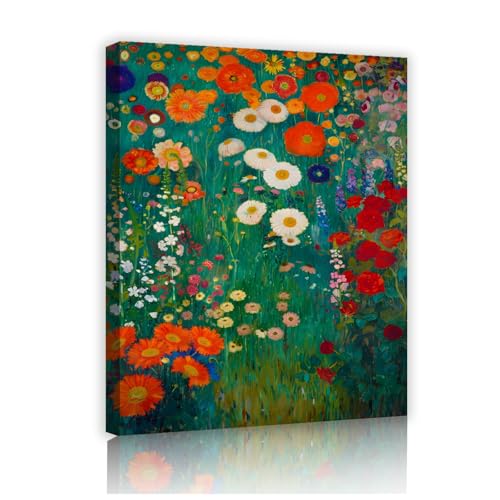 Art mural fleurs colorées et village moderne : tableau sur toile florale 45x60cm