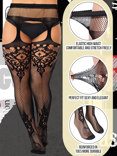 Image of Jadive 6 Pairs Women Plus Size Suspender Tights Fishnet Thigh High Stockings Garter Belt Lingerie Pantyhose