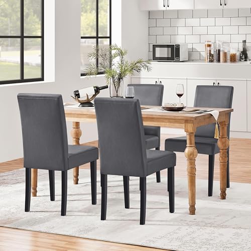 Image of Yaheetech Dining Chairs Set of 4 PU Leather Upholstered Parsons Dining Chairs with Solid Wood Legs for Kitchen /Living Room /Restaurant, Modern Style, Gray
