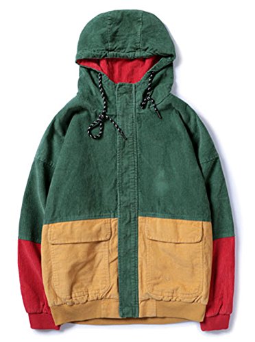 LifeHe Men Women Hip Hop Patchwork Corduroy Hooded Jackets Coats (Green, M)