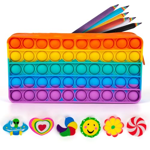 Image of ArtCreativity Pop It Pencil Case for Kids - Silicone Pop Up Case with 6 Colorful Pencils and 6 Erasers - Sensory Fidget Pouch for Boys and Girls