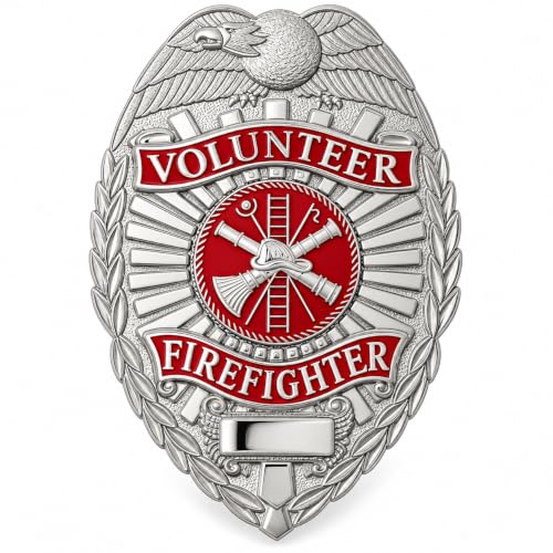 Hero's Pride Durable Volunteer Firefighter Badge - Silver Finish with Scramble Seal - 2.25" x 3.125" - Secure 5-Piece Pin & Catch