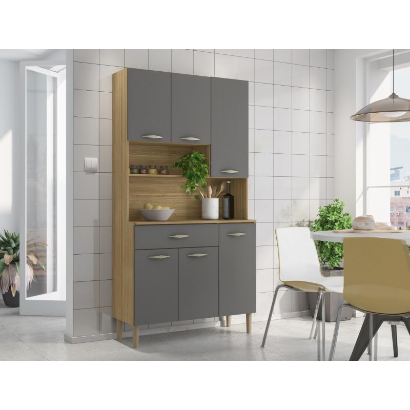 ACTUAL DIFFUSION Buffet de Cuisine 6 Portes 1 Tiroir Chêne et Gris 7 Niches L 90.9 H 173.5 P 36.3 cm