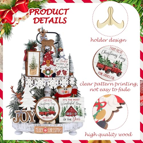 Christmas Tiered Tray Decor Winter Tiered Tray Decorations Set Snowman Snowflake Gnome Truck Wooden Signs Farmhouse Christmas Table Decorations for Home Table Shelf(Rustic Style) - Image 4