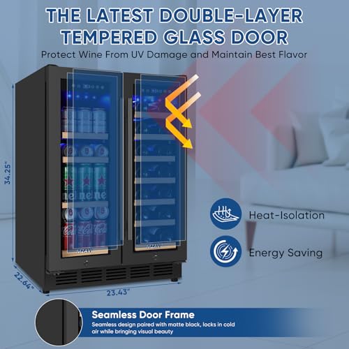 Wine and Beverage Refrigerator 24", Upgraded Dual Zone Wine Beverage Cooler with Glass Door and French Door, Large Capacity Beer Fridge Holds 21 Bottles & 88 Cans, Built-In or Freestanding - Black on Fridge.com