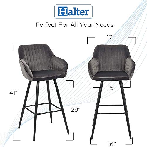 Halter Bar Stool with Back Support and Footrest, Upholstered Modern Bar Stools for Kitchen Counter, Plush Grey Fabric and Black Metal Frame, Kitchen Stools for Island or Counter, 40 Inch, (2 Pack).