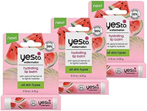 Yes To Watermelon Hydrating Lip Balm, Refreshing Non-Sticky Formula That Restores Dry Cracked Lips & Locks In Moisture, With Apricot Kernel Oil & Antioxidants, Natural & Cruelty Free, 0.15 Oz, 3-Pack
