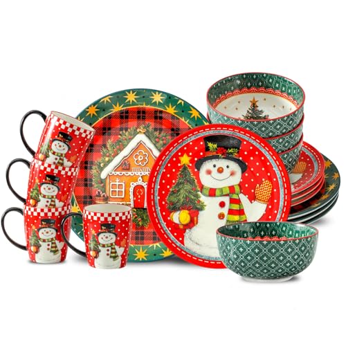 Hasense 16 Pcs Ceramic Dinnerware Sets Holiday Coffee mugs Plates and Bowls Set for 4 Chip & Scratch Resistant Party Serving Dishes Microwave and Dishwasher Safe Colorful