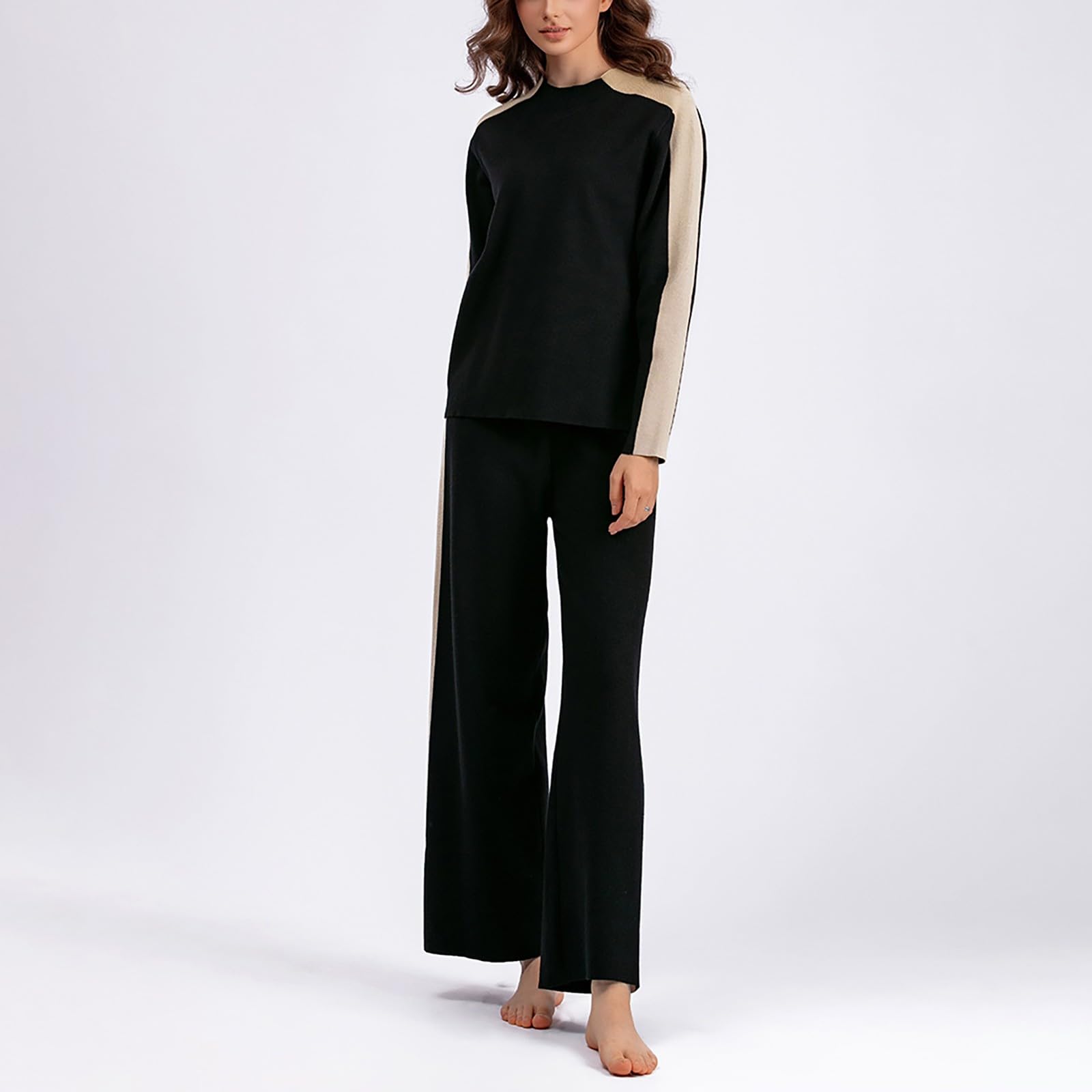 Suéter de punto de manga larga con cuello redondo para mujer, para otoño e invierno, color liso, pantalones de pierna ancha, versión holgada, ropa casual para el hogar, conjunto de pijama de algodón