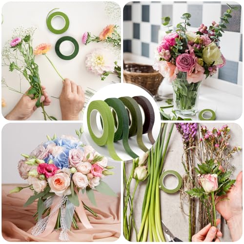 CTYUEYUN 4 Stück Floristenband 150Pcs Floristendraht Floristry Supplies, 27m/Rolle Bouquet Tape for Florist Bouquet Fixing and DIY Packaging Decoration(Grün, Kaffee)