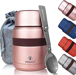 Mebanix Food Flask for Hot Food / Soup 400ml Stainless Steel Double Walled Vacuum Insulated Leakproof Jar with foldable Spoon | 6hrs hot 10hrs cold | For Adults and Kids. Pink