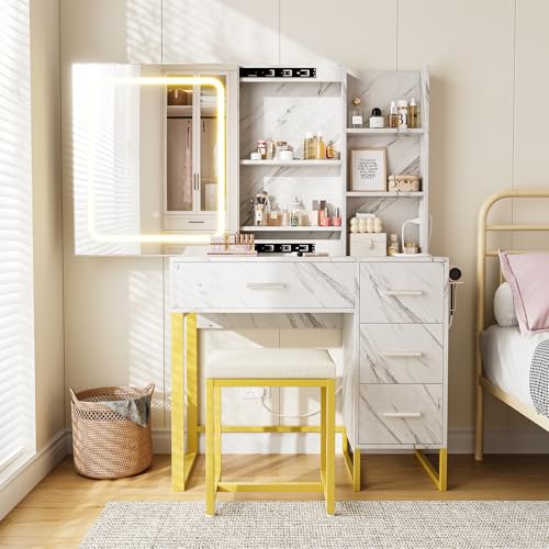 Vanity Desk with Mirror and Lights, Wood Makeup Vanity Desk with Power Outlets, Cushioned Chair, Hairdryer Holder, 3 Lighting Colors, 4 Drawers and 5 Storage Shelves for Bedroom (Marble White)