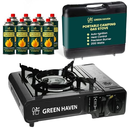 GREEN HAVEN Black Portable Camping Stove with Cary Case & 8 Butane Gas - Premium Camping Gas Stove, EN417 Compliant, Portable with Automatic Ignition & Heat Control
