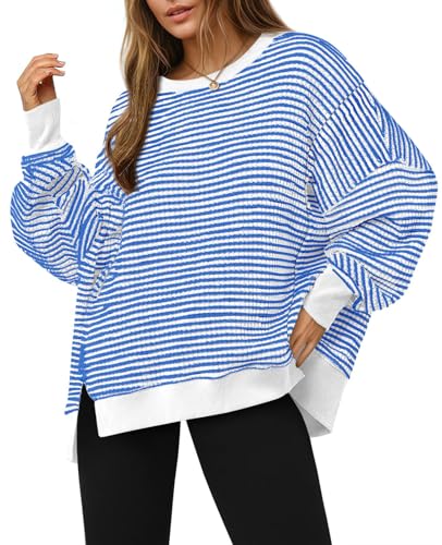 Fisoew Women's Fall Oversized Sweatshirt Casual Waffle Knit Long Sleeve Crewneck Split Pullover Tunic Tops White