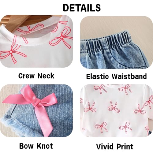 Image of Azmxynol Kid Girls Clothes Outfits Bowknot T-Shirt + 2 In 1 Denim Short Skort Summer Clothing Set, Size 4-10 Years
