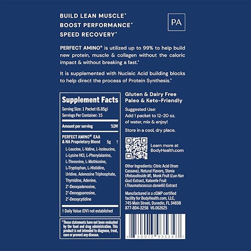 Image of BodyHealth PerfectAmino Powder - BCAA and EAA Powder for Pre and Post Workout - Amino Acid Energy Drink for Men and Women to Support Lean Muscle and Recovery - Lemon Lime - Stick Packs - 15 Servings