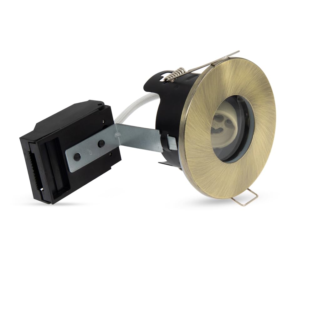 paul russells LED GU10 Recessed Ceiling Fire Rated Downlight Can with Antique Brass Bezel, 65-70mm Cutout, IP65 Dust & Waterproof, Twist & Lock Design, Quick Connect, Décor Rooms, 1 Pack (NO Bulb)