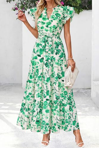 dowerme Women Summer Maxi Dresses 2026 Ruffle Sleeve V Neck Floral Boho Long Dress Belted Tiered Sundress with Pockets(Beige Green Floral,Large) — view 3