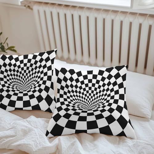 Vyrn Klynt Waterproof Throw Pillow Covers Set of 2 3D Checkerboard Tunnel Outdoor Cushion Cover Pillow Protector Decorative Pillowcases for Bed Sofa Couch Black White Optical Illusion