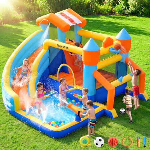 SportBob Château Gonflable Extérieur, Structure Gonflable avec Toboggan Aquatique pour Extérieur et Intérieur, Château Gonflable avec Cadre de Football, Lanceur d'eau et Panier de Basket-Ball