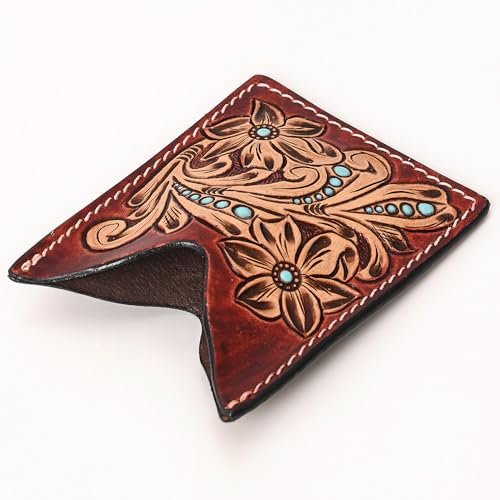 American Darling Floral Women & Men Hand Carved Genuine Leather Card Holder Turquoise/Brown | Handcrafted Western Belt4