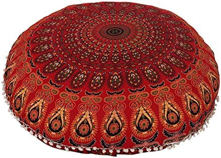 THRIVING Peacock Mandala Handmade Floor Pillow Cover Cotton Cushion Cover Girls, Boys Living Room Décorative Pouf Case Round Floor Pillow Cover Pet Bed Yoga Mat Meditation Pillow Case