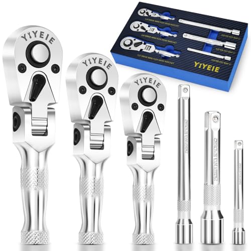 YIYEIE Stubby Flex Head Ratchet Set, 6PCS Stubby Ratchet Set 1/4 3/8 1/2 inch with 3 Extension Bars, 72 Tooth Reversible & Quick-Release, 180° Swivel Head Mini Handle with EVA Foam