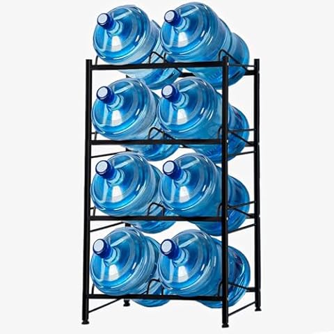 8-Tray Water Jug Rack, Storage 5 Gallon Water Cooler Bottle Holder Stand, 4-Tiers with 2-Rows Heavy Duty Carbon Steel 5 Gal Water Bottle Organizer for Home, Office, Kitchen, Warehouse, Black Cover