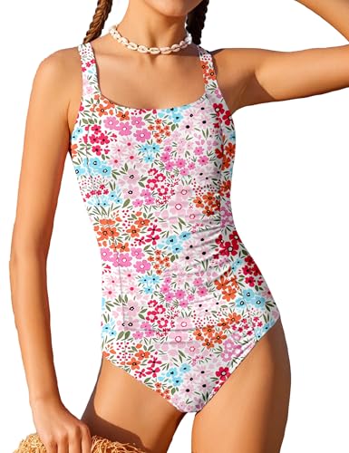Image of Girl Swimsuit One Piece Bathing Suit for Girls Florals Print Ruched Adjustable Straps Padded Swimwear 9-18y