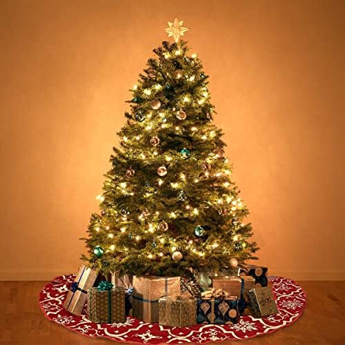 Red Flannel Tree Mat, 48 inches Large with Gilded Christmas Patterns Skirt for Xmas Tree Holiday Party Decorations Indoor Outdoor with 1 Christmas Stocking