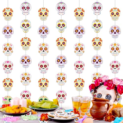Tiamon 8 Pcs Dia De Los Muertos Decorations Day of The Dead Hanging Garland Halloween Sugar Skull Banner Garland Dia de Los Muertos Paper Banner for Mexican Halloween Party Supplies