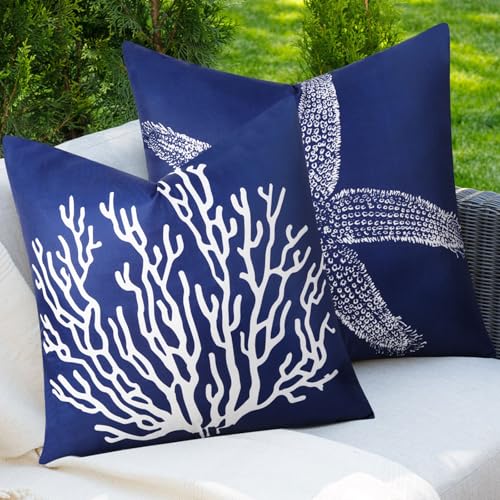 Adabana Spring Summer Outdoor Waterproof Coastal Pillow Covers 18x18 Inch Set of 2 Nautical Starfish Coral Throw Pillow Covers Sunmmer Farmhouse Decorations for Beach Patio Sofa, Navy Blue