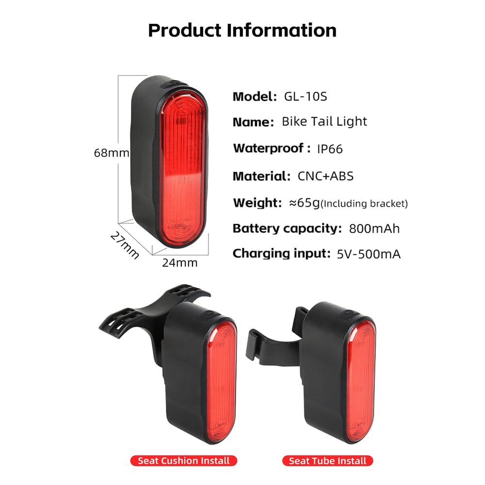 Feu arrière de vélo avec détection de freinage, 6 Modes d'éclairage, éclairage Intelligent, étanche IP66, Batterie 800 mAh Rechargeable par USB-C, Longue autonomie