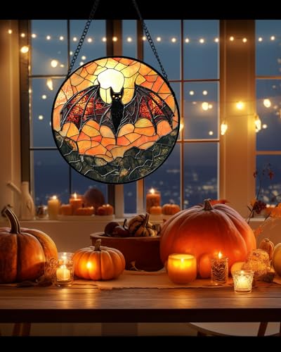 Image of Stained Glass Window Hanging, Black Bat Sun Catcher for Door Home Decor Animal Suncatcher Christmas Mother's Day Birthday Gifts for Women Men Mom and Nana 7.8 in
