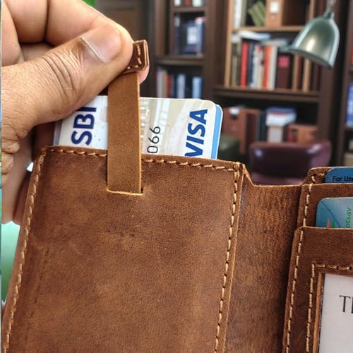 Image of Full Grain Leather Wallet for Men - Slim Card & Cash Holder with Easy Card Pull Strap, ID Window, Minimalist Brown Bifold