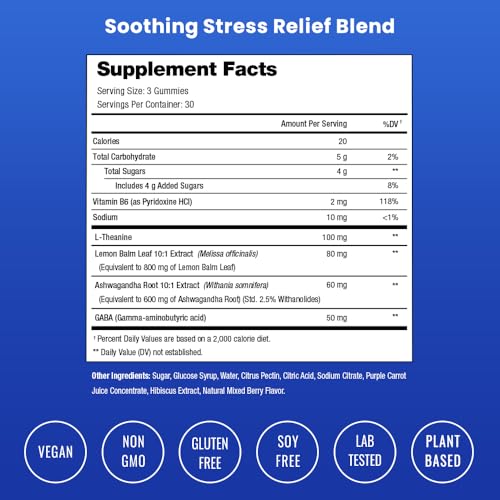 NutraChamps Calm Gummies, Stress Gummies Supplement with Ashwagandha, L-Theanine, GABA, Vitamin B6 & Lemon Balm, 90 Gummies (Pack of 2)