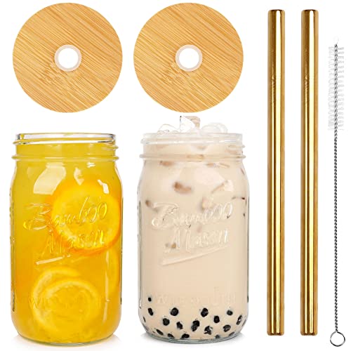 Anotion Mason Jar With Lid And Straw, 32Oz Wide Mouth Boba Cup Reusable Drinking Glasses Tumbler Smoothie Water Bottles For Iced Coffee Margaritas Ice Cream Juice Cocktail Travel Office Home #TOP14