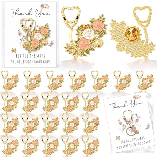Kenning 24 Sets Nurse Gifts Pins Bulk Nursing Stethoscope Brooch Pins with Thank You Cards Gifts for Medical Assistant Doctor Nurse Week Nursing Students Graduation